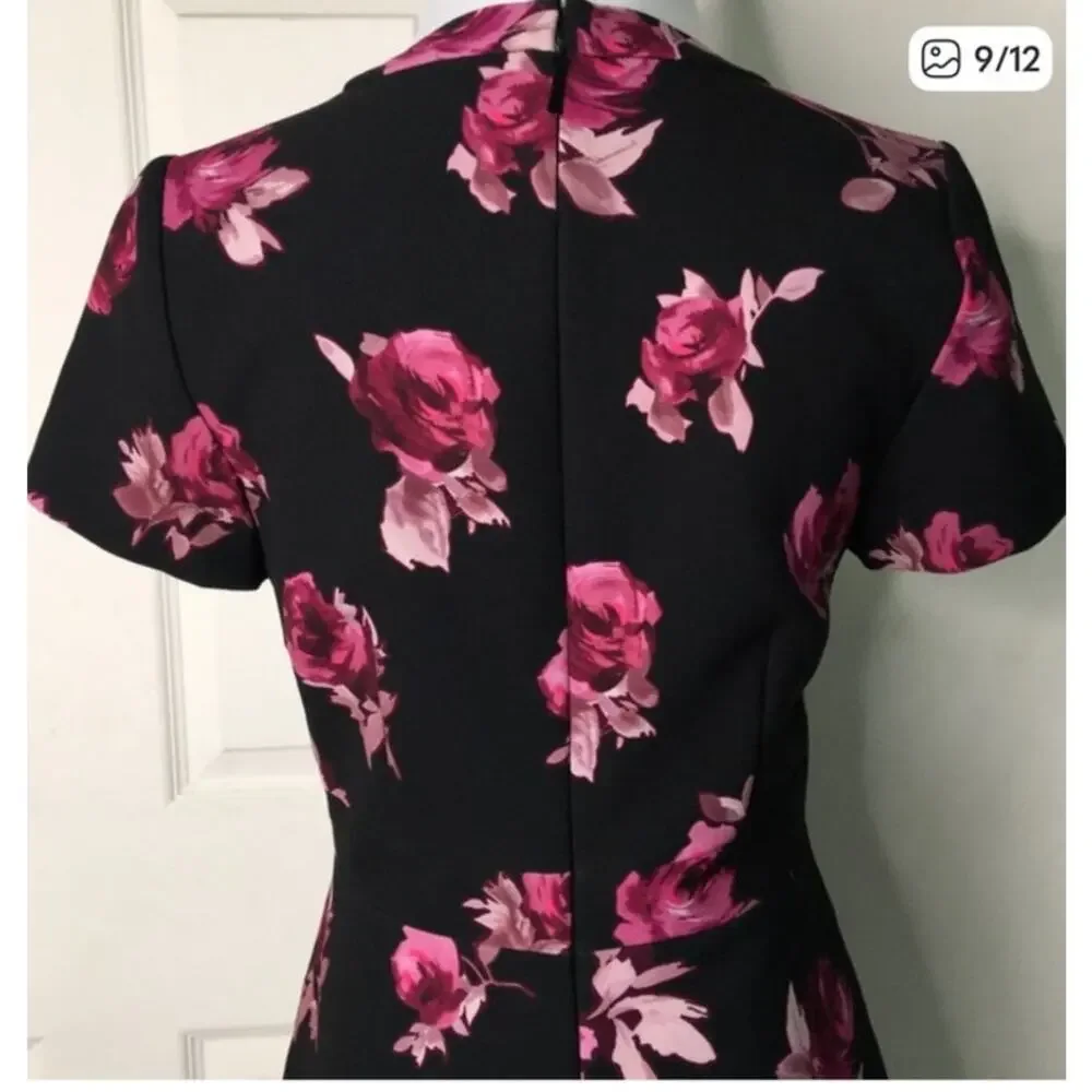 Kate Spade Womens Open Flare Dress size 4 Black Floral Roses Short Sleeve